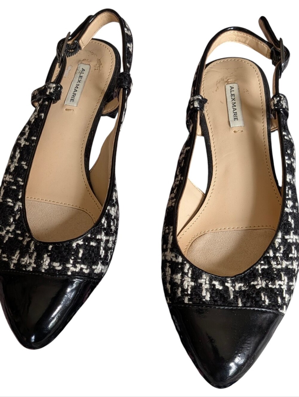 Alex Marie Black & White Tweed Pointed Slingback Flats with Patent Toe 6M